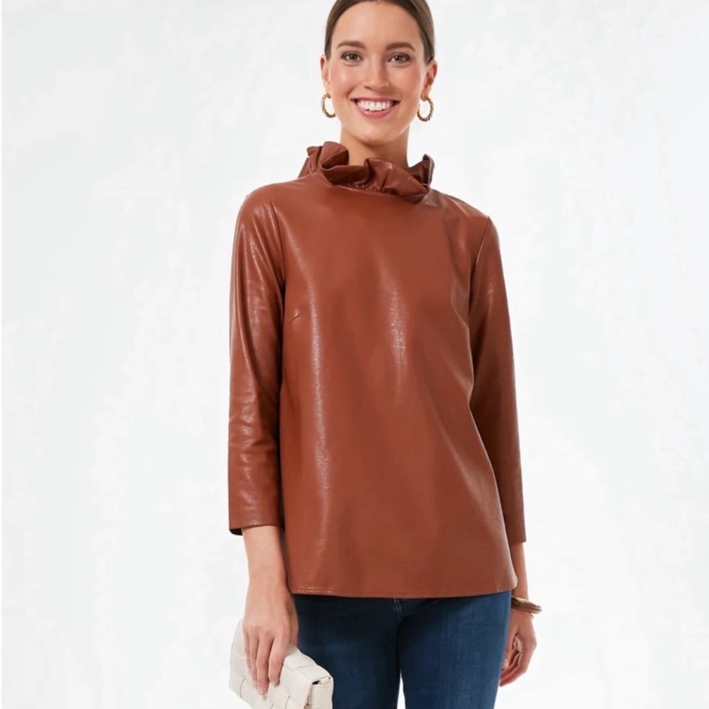 Tuckernuck Faux Leather Ruffle-Neck Top in Chestnut Brown